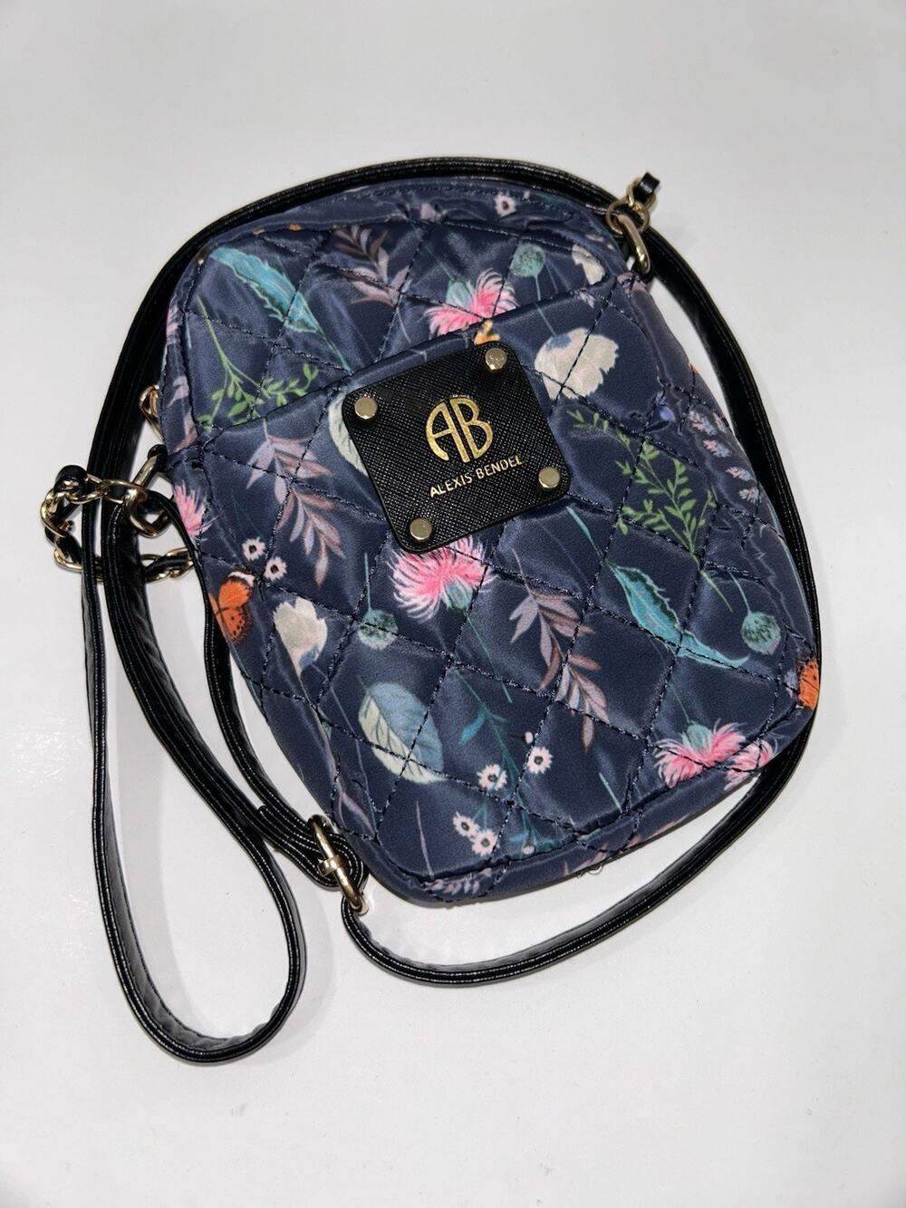 Alexis Bendel Floral/Navy Quilted Crossbody Purse Handbag Gold Detail